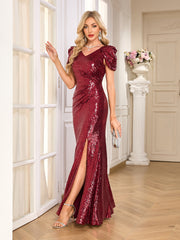 Burgundy Sequin Deep V Puff Cap Sleeve High Slit Mermaid Gown