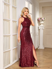 Burgundy Sequin Halter Neck High Slit Mermaid Evening Gown