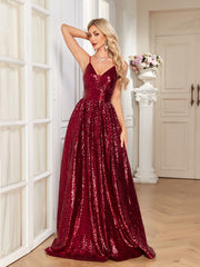 Burgundy Sequin Deep V A‑Line Maxi Dress, Sparkly Formal Evening Gown