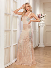 Champagne Ombre Sequin Strap Mermaid Evening Dress