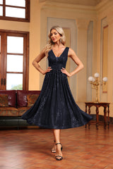 Elegant V Neck Sleeveless Sequins Cocktail Dress
