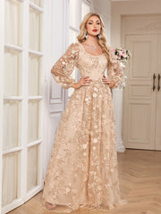 Champagne Floral Embroidery Puff Sleeve A Line Evening Gown