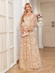 Champagne Floral Embroidery Puff Sleeve A Line Evening Gown