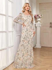 Cream Multi Floral Sequin Long Sleeve Mermaid Evening Gown