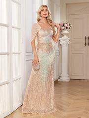 Champagne Ombre Sequin Cape Sleeve Mermaid Evening Gown