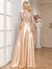 Champagne Gold Sequin Long Sleeve Wrap V Neck A-Line Satin Evening Gown