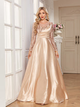Champagne Gold Sequin Long Sleeve Wrap V Neck A-Line Satin Evening Gown