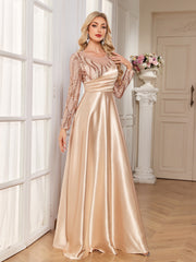 Champagne Gold Sequin Long Sleeve Wrap V Neck A-Line Satin Evening Gown