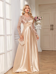Champagne Gold Sequin Long Sleeve Wrap V Neck A-Line Satin Evening Gown