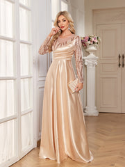 Champagne Gold Sequin Long Sleeve Wrap V Neck A-Line Satin Evening Gown