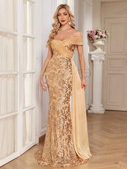 Champagne Gold Floral Sequin Off Shoulder Mermaid Evening Gown