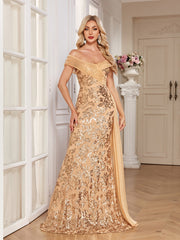 Champagne Gold Floral Sequin Off Shoulder Mermaid Evening Gown