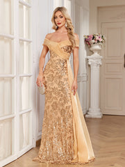 Champagne Gold Floral Sequin Off Shoulder Mermaid Evening Gown