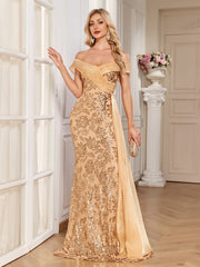 Champagne Gold Floral Sequin Off Shoulder Mermaid Evening Gown