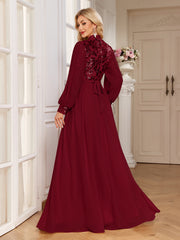 Champagne Lace Patch Lantern Sleeve A-Line Evening Gown