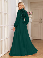 Champagne Lace Patch Lantern Sleeve A-Line Evening Gown