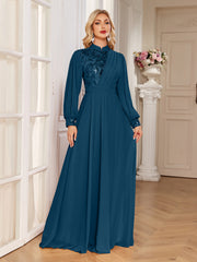 Champagne Lace Patch Lantern Sleeve A-Line Evening Gown