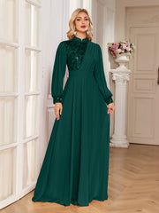 Champagne Lace Patch Lantern Sleeve A-Line Evening Gown