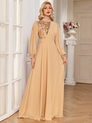 Champagne Lace Patch Lantern Sleeve A-Line Evening Gown