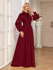 Champagne Lace Patch Lantern Sleeve A-Line Evening Gown