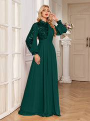 Champagne Lace Patch Lantern Sleeve A-Line Evening Gown