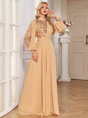 Champagne Lace Patch Lantern Sleeve A-Line Evening Gown