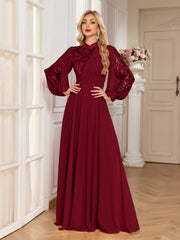 Champagne Lace Patch Lantern Sleeve A-Line Evening Gown