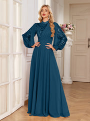 Champagne Lace Patch Lantern Sleeve A-Line Evening Gown