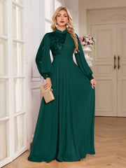 Champagne Lace Patch Lantern Sleeve A-Line Evening Gown