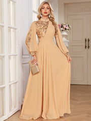 Champagne Lace Patch Lantern Sleeve A-Line Evening Gown