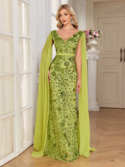 Lime Green Sequin Deep V Cape Sleeve Mermaid Evening Gown