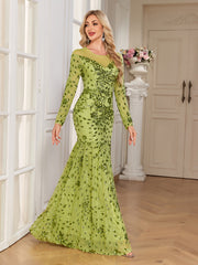 Lime Green Sequin Floral Long Sleeve Mermaid Evening Gown