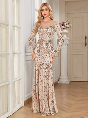Lime Green Sequin Floral Long Sleeve Mermaid Evening Gown