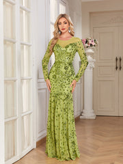 Lime Green Sequin Floral Long Sleeve Mermaid Evening Gown