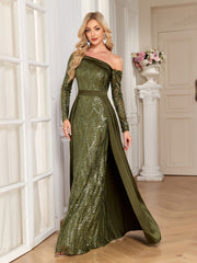 Olive Green Sequin Satin Mermaid Evening Gown