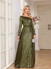 Olive Green Sequin Satin Mermaid Evening Gown