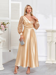 Champagne Satin Sequin Lantern Sleeve A‑Line Evening Gown