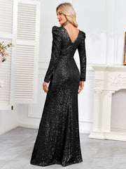 V-neck Slim Fit Slit Sequin Embroidered Dress