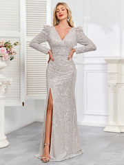 V-neck Slim Fit Slit Sequin Embroidered Dress