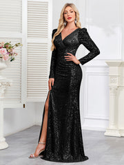 V-neck Slim Fit Slit Sequin Embroidered Dress