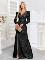 V-neck Slim Fit Slit Sequin Embroidered Dress