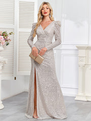 V-neck Slim Fit Slit Sequin Embroidered Dress