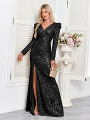 V-neck Slim Fit Slit Sequin Embroidered Dress