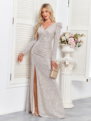 V-neck Slim Fit Slit Sequin Embroidered Dress