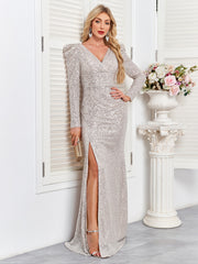 V-neck Slim Fit Slit Sequin Embroidered Dress