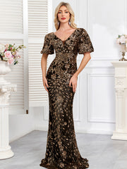 Black Gold Sequin V-Neck Puff Sleeve Mermaid Evening Gown