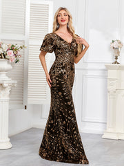 Black Gold Sequin V-Neck Puff Sleeve Mermaid Evening Gown
