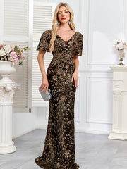 Black Gold Sequin V-Neck Puff Sleeve Mermaid Evening Gown