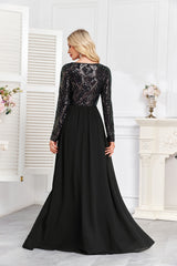 Navy Blue Multicolor Sequin Long Sleeve A‑Line Evening Gown