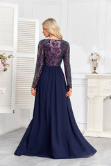 Navy Blue Multicolor Sequin Long Sleeve A‑Line Evening Gown